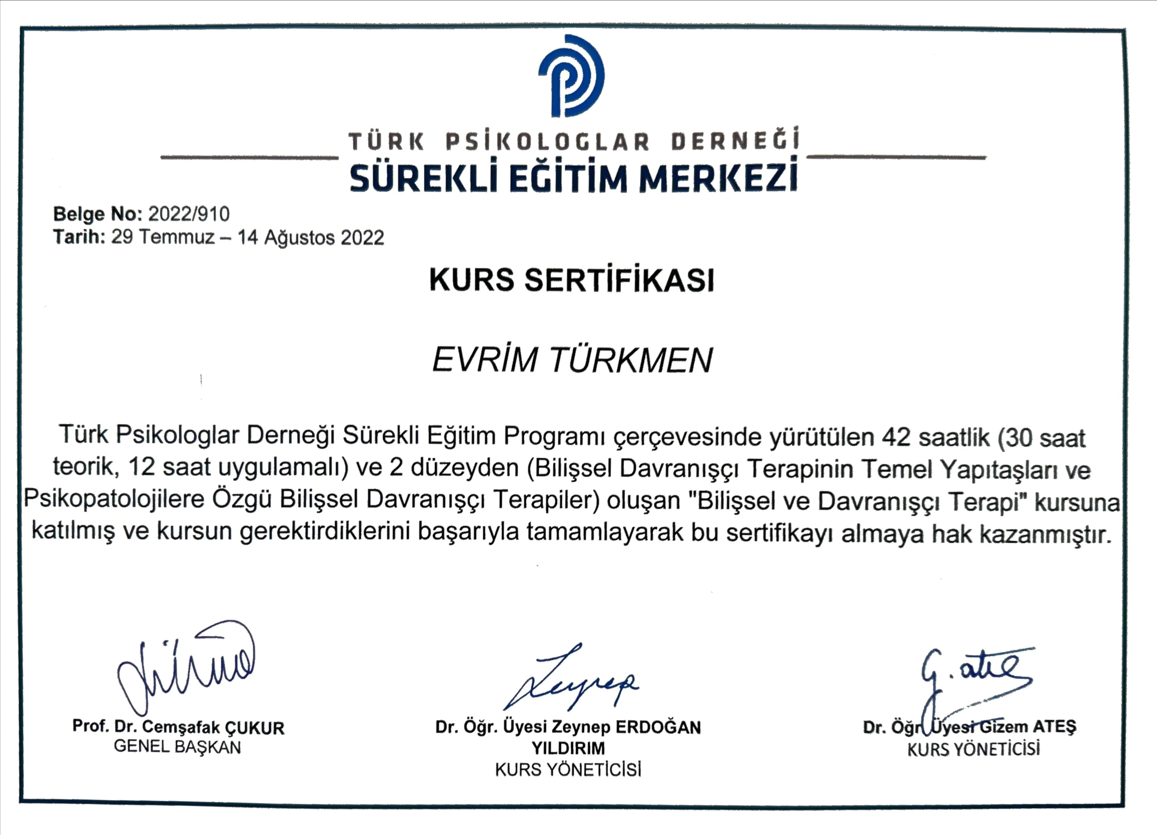 Bilişsel ve Davranışçı Terapi Türk Psikologlar Derneği, 42 saat (2022)