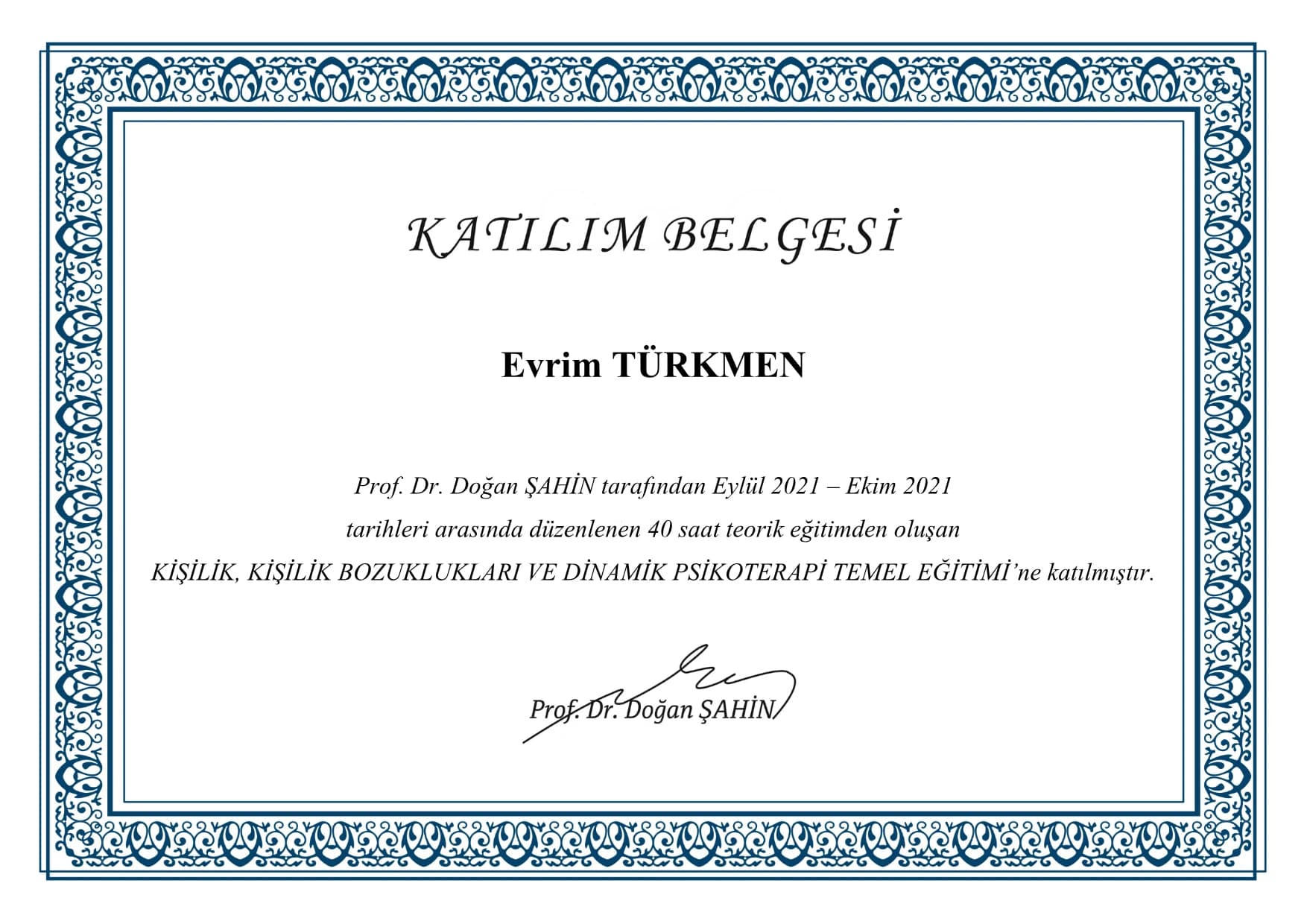 Kişilik Bozuklukları ve Dinamik Psikoterapi — Prof. Dr. Doğan Şahin, 40 saat (2021)